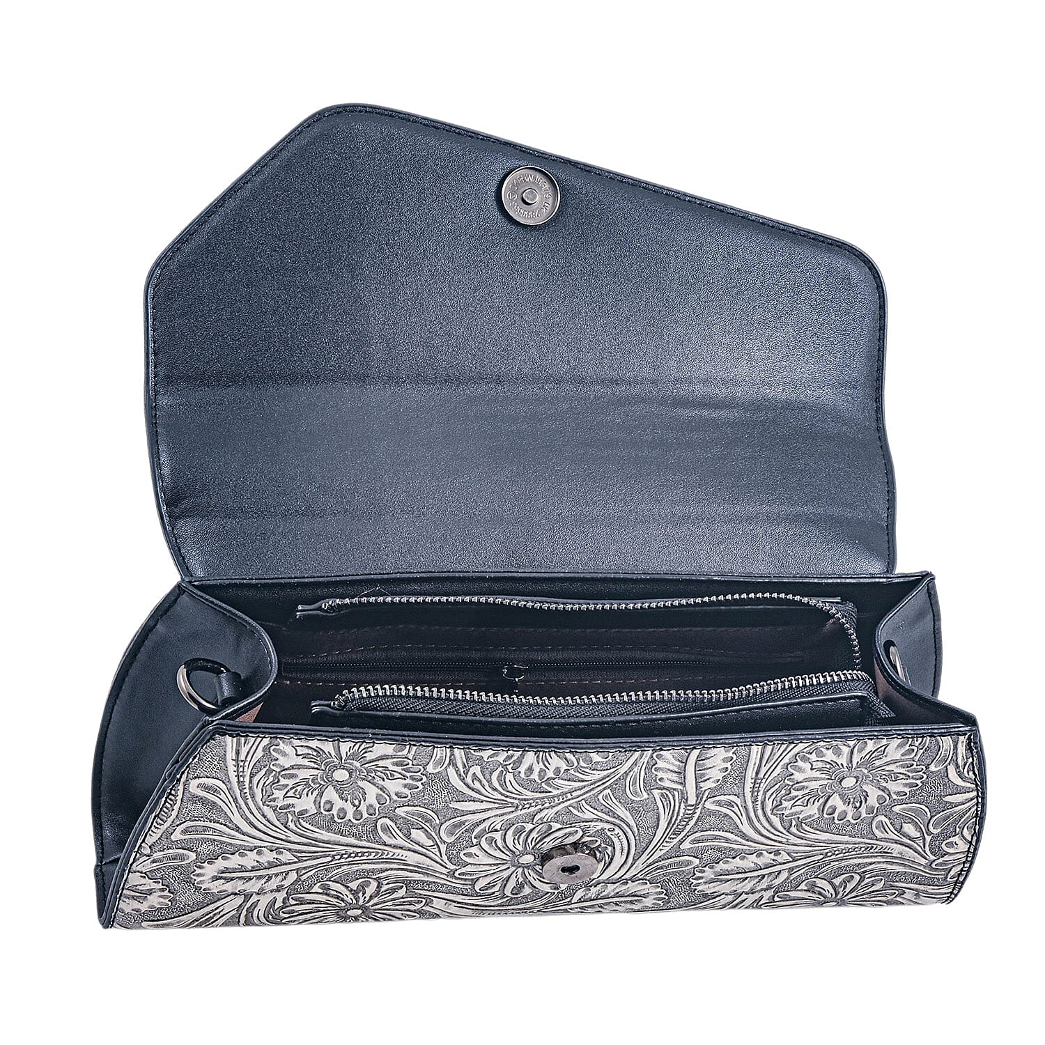 Silver Flower Embossed Faux Leather Crystal Crossbody Bag