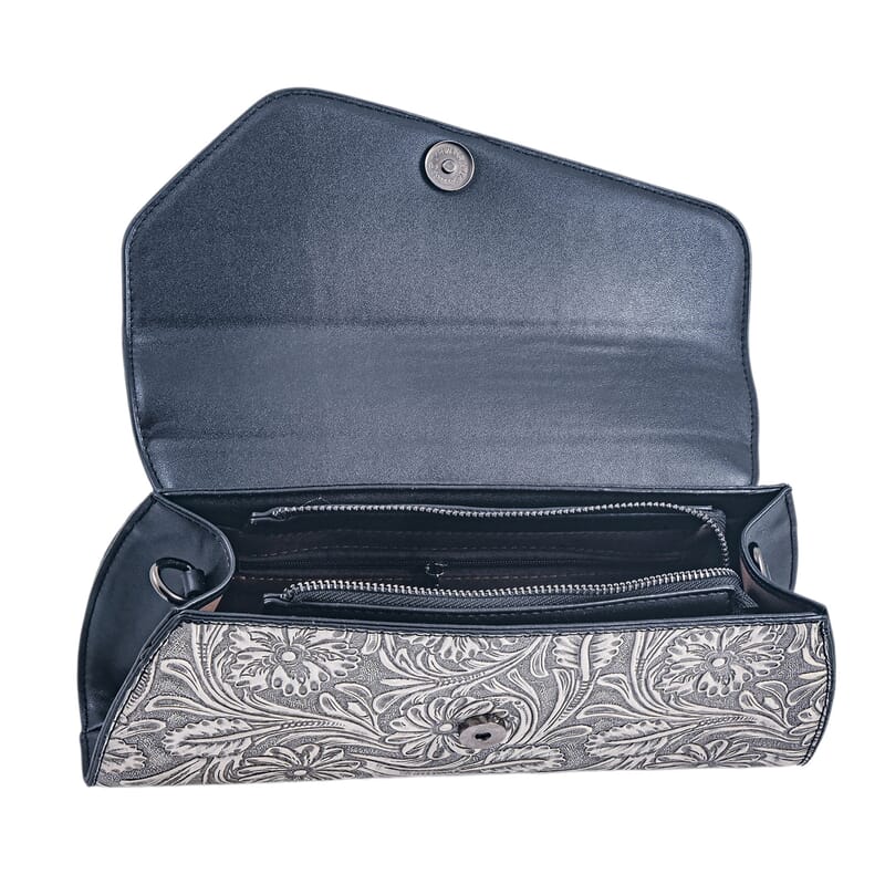 Silver Flower Embossed Faux Leather Crystal Crossbody Bag