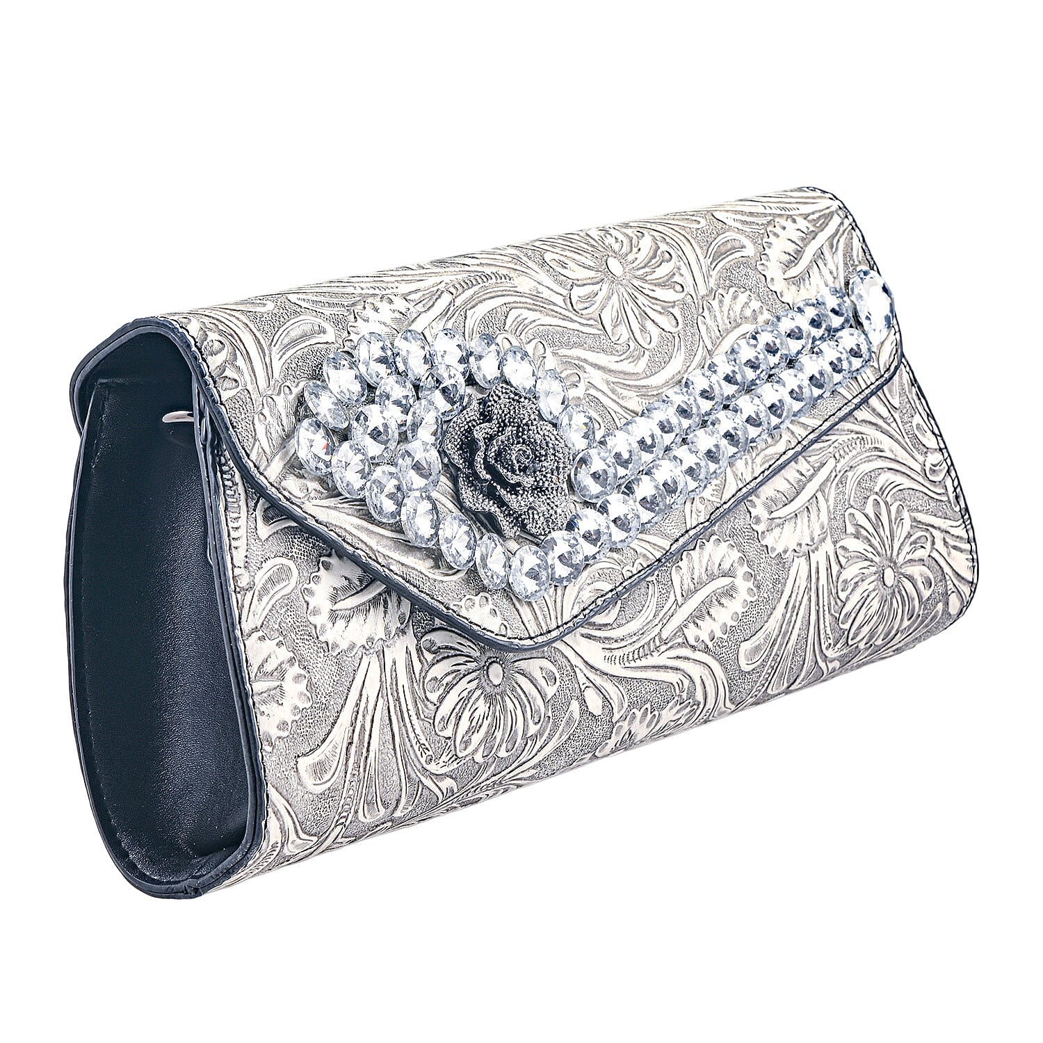 Silver Flower Embossed Faux Leather Crystal Crossbody Bag