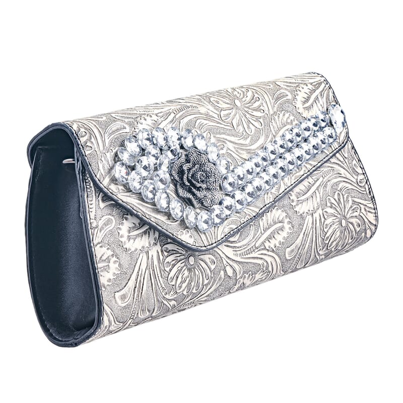 Silver Flower Embossed Faux Leather Crystal Crossbody Bag