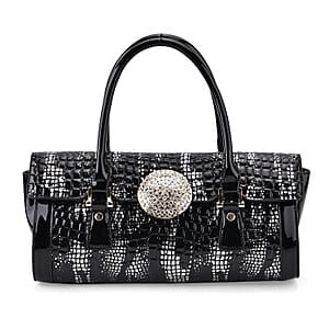 Golden Silver Black Croco Embossed Faux Leather Handbag
