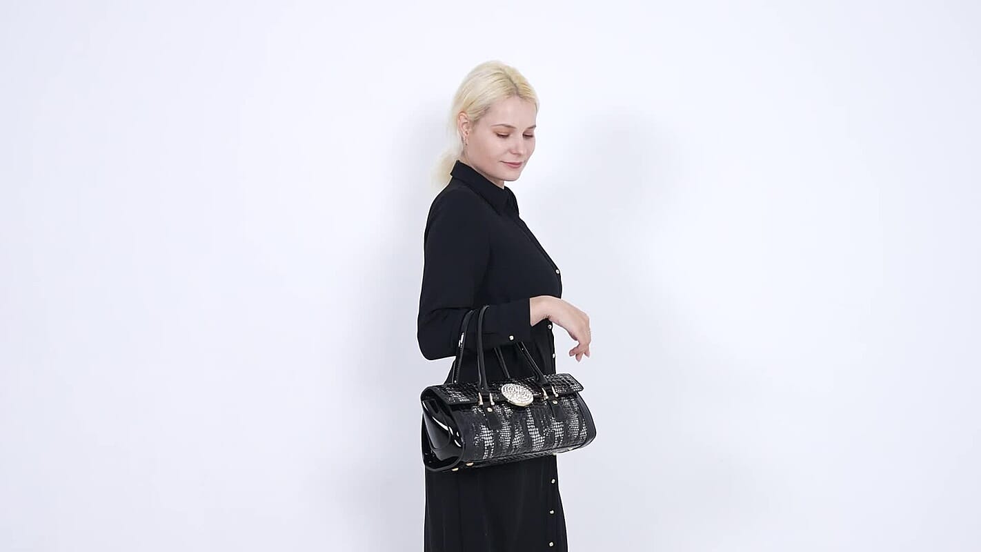 Golden Silver Black Croco Embossed Faux Leather Handbag (13.2"x5.7"x6.1")