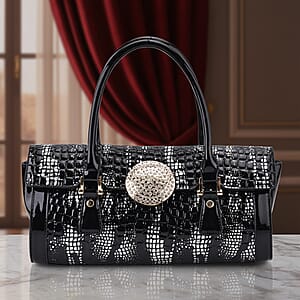 Golden Silver Black Croco Embossed Faux Leather Handbag