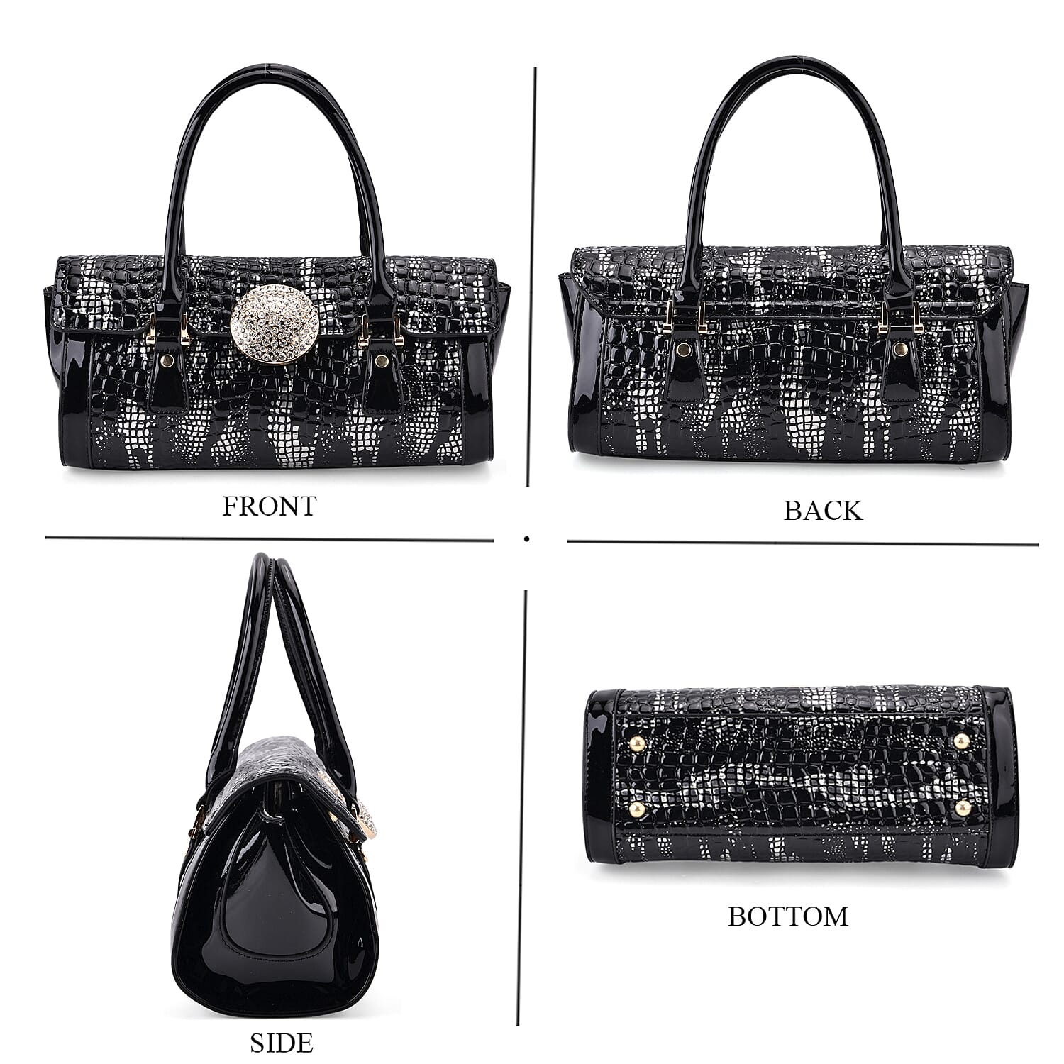 Golden Silver Black Croco Embossed Faux Leather Handbag