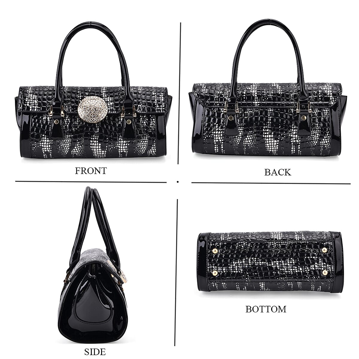 Golden Silver Black Croco Embossed Faux Leather Handbag image number 4