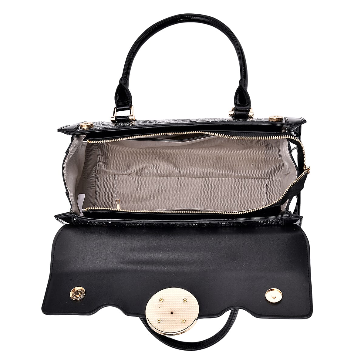 Golden Silver Black Croco Embossed Faux Leather Handbag image number 5