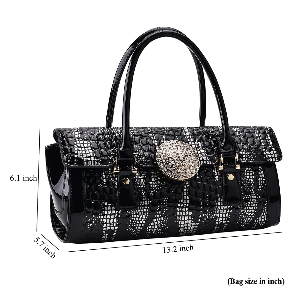 Golden Silver Black Croco Embossed Faux Leather Handbag image number 7