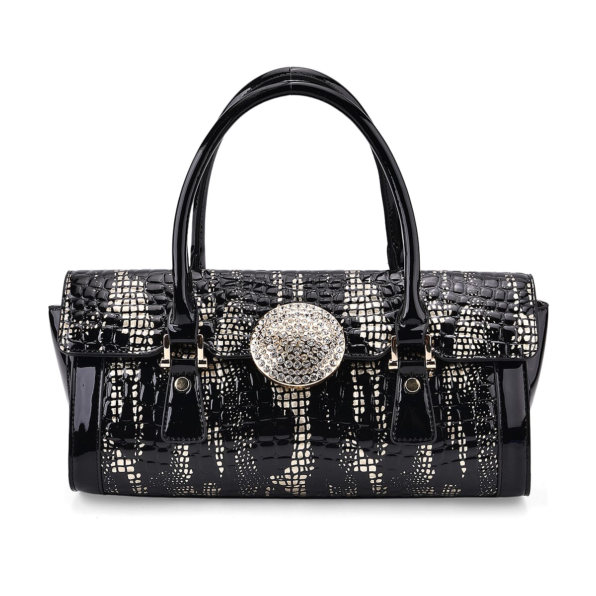 Golden Black Croco Embossed Faux Leather Handbag image number 0