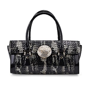 Golden Black Croco Embossed Faux Leather Handbag