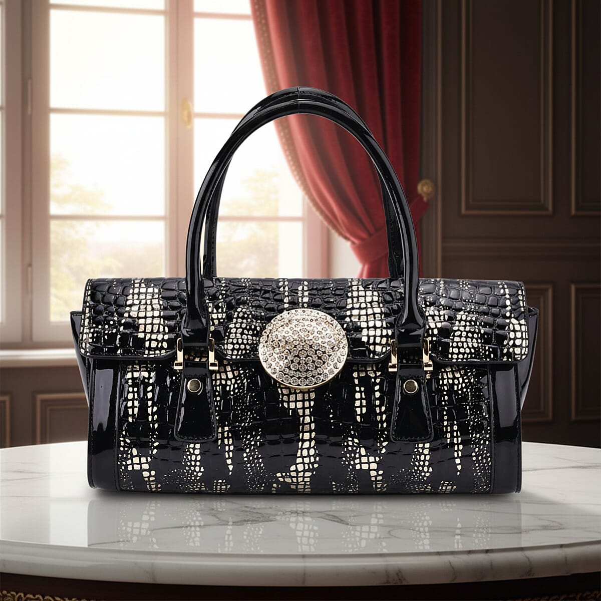 Golden Black Croco Embossed Faux Leather Handbag image number 1