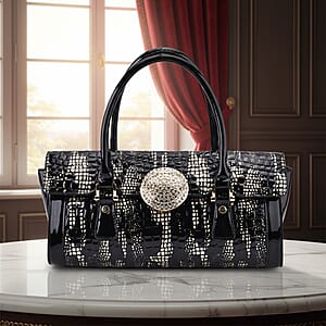 Golden Black Croco Embossed Faux Leather Handbag