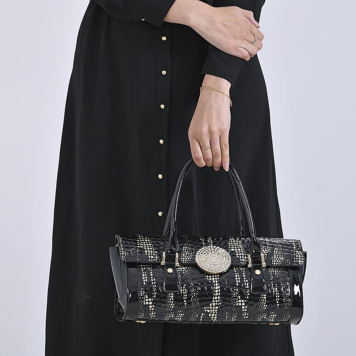 Golden Black Croco Embossed Faux Leather Handbag image number 3