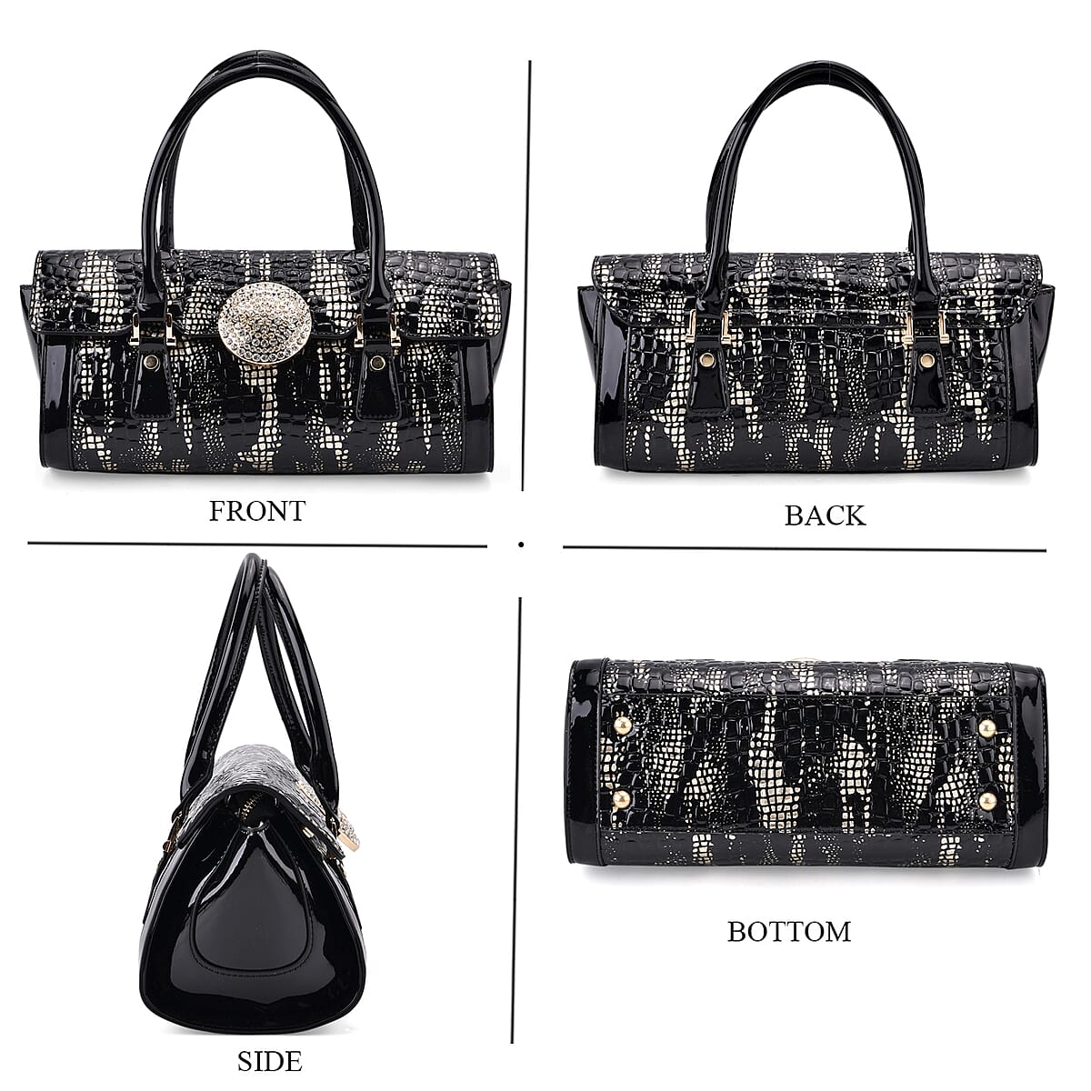 Golden Black Croco Embossed Faux Leather Handbag image number 4