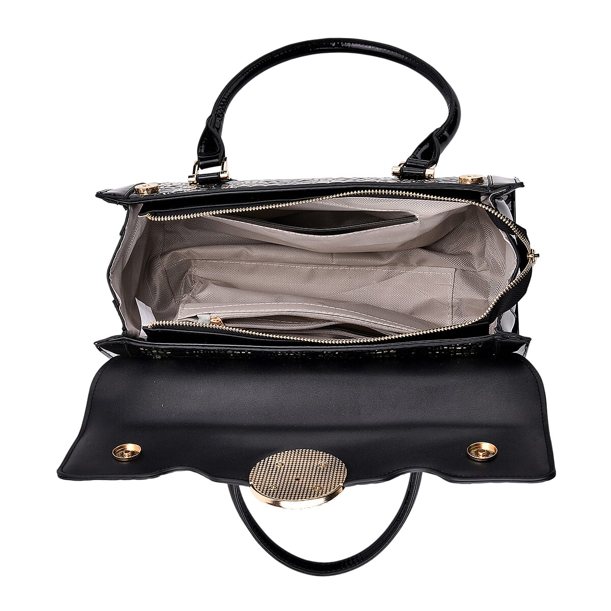 Golden Black Croco Embossed Faux Leather Handbag image number 5
