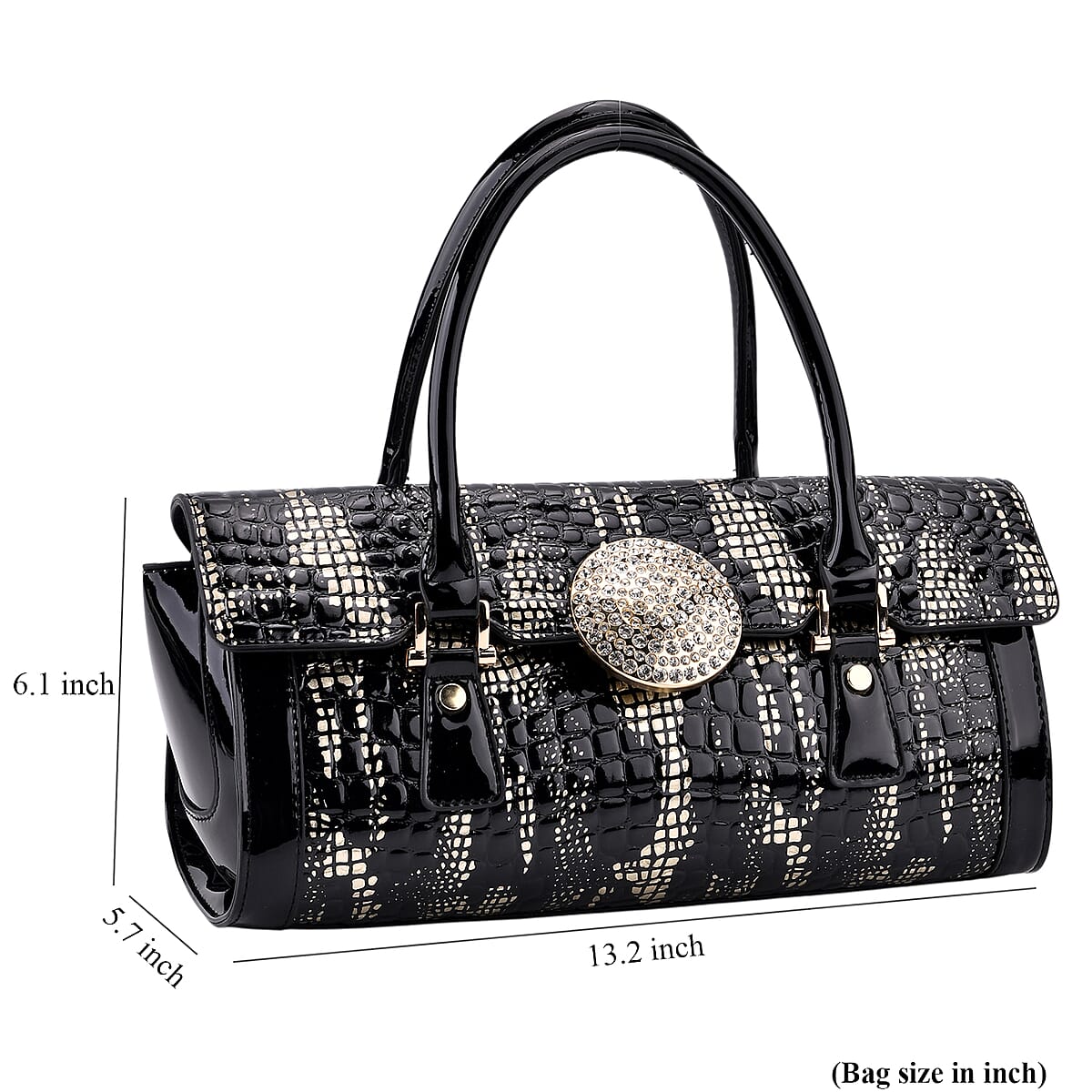 Golden Black Croco Embossed Faux Leather Handbag image number 7