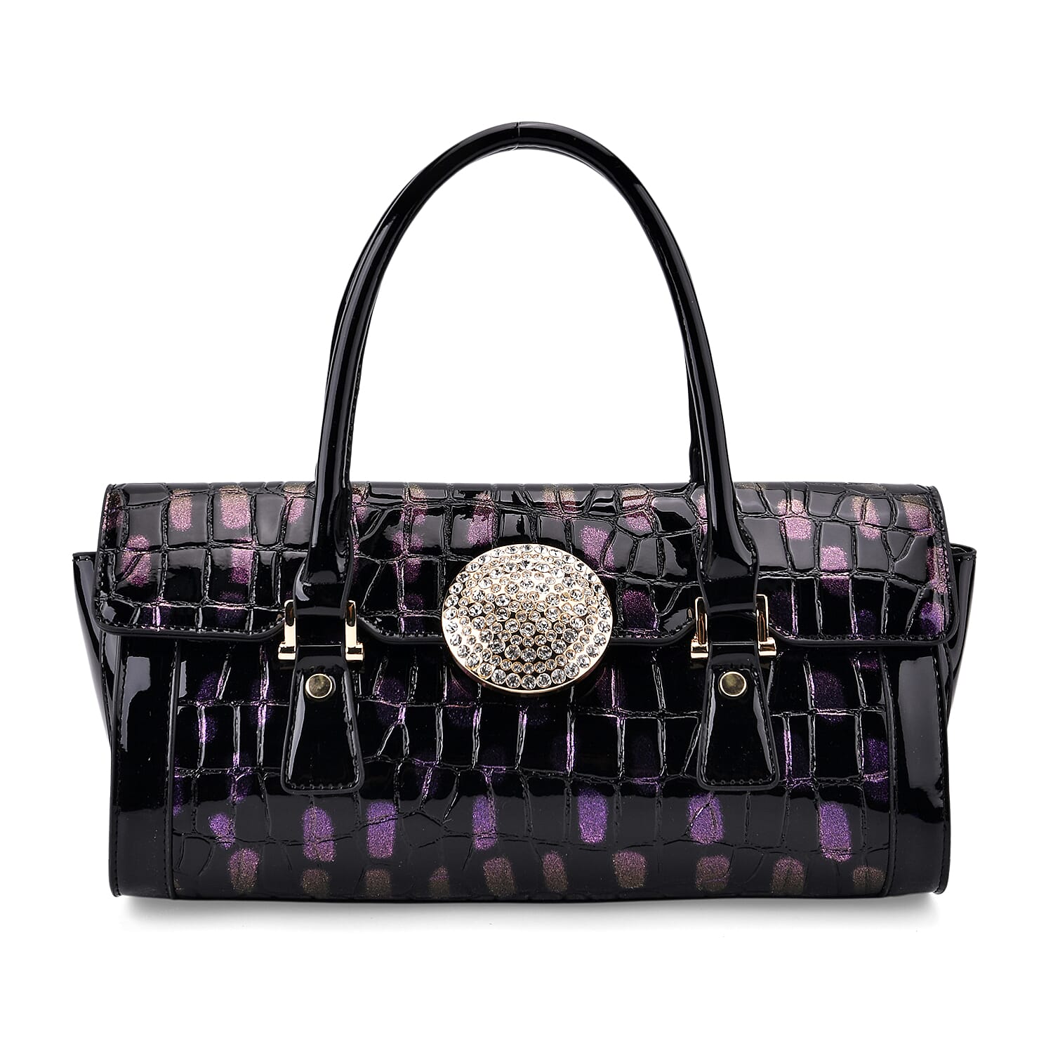 Golden Silver Black Croco Embossed Faux Leather Handbag (13.2"x5.7"x6.1")