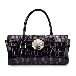 Purple Black Croco Embossed Faux Leather Handbag
