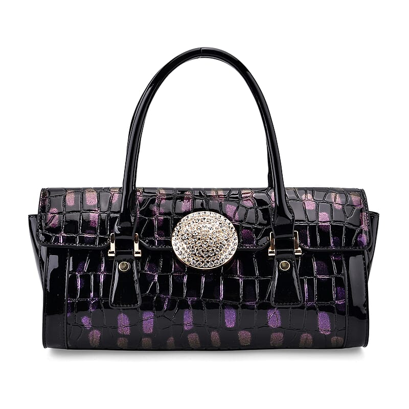 Purple Black Croco Embossed Faux Leather Handbag