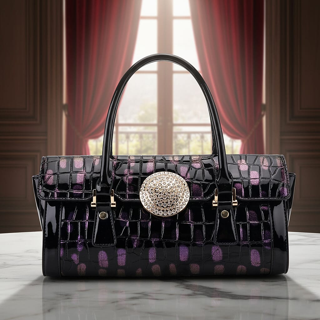 Purple Black Croco Embossed Faux Leather Handbag