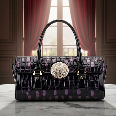 Purple Black Croco Embossed Faux Leather Handbag