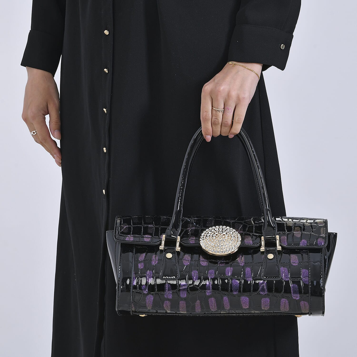 Purple Black Croco Embossed Faux Leather Handbag