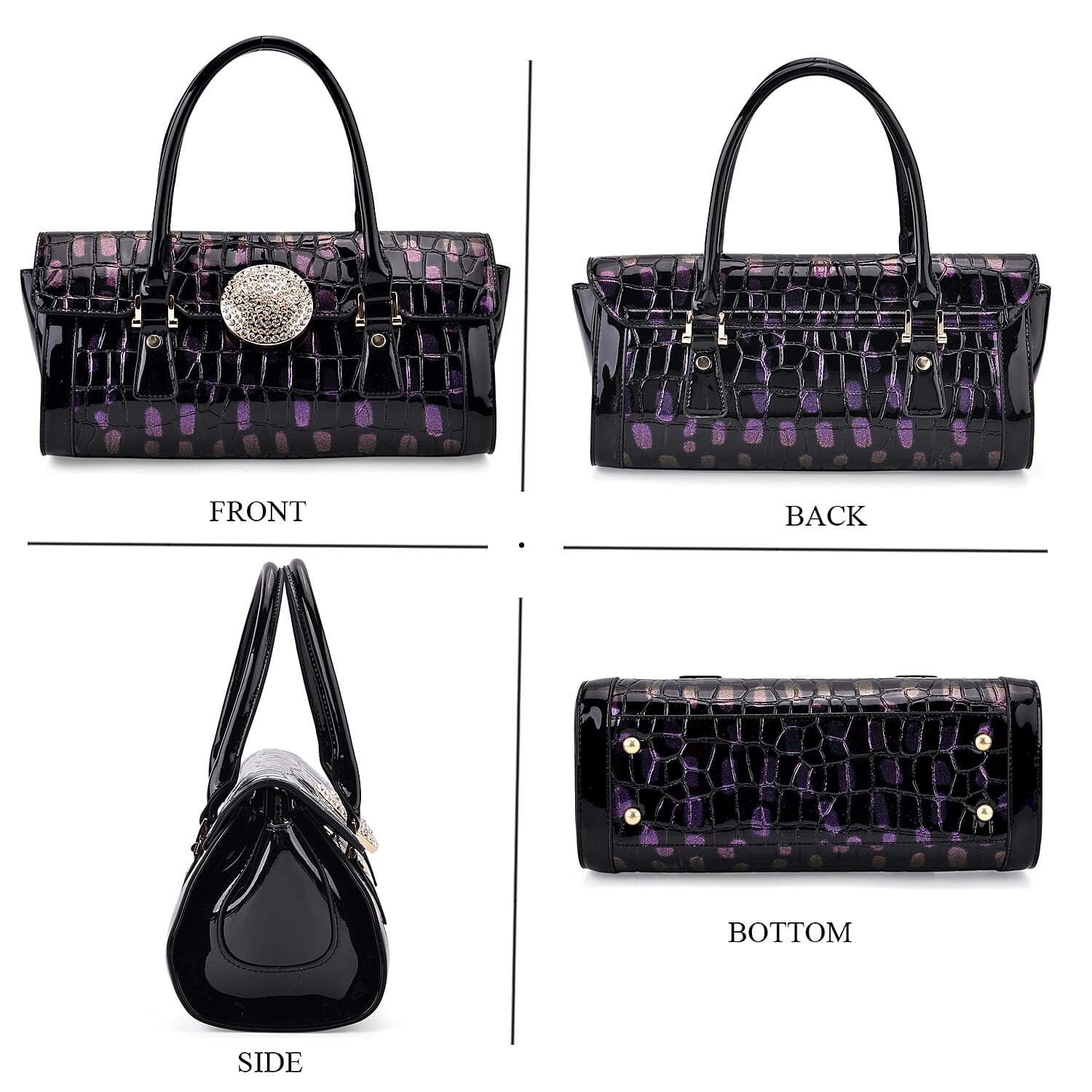 Purple Black Croco Embossed Faux Leather Handbag