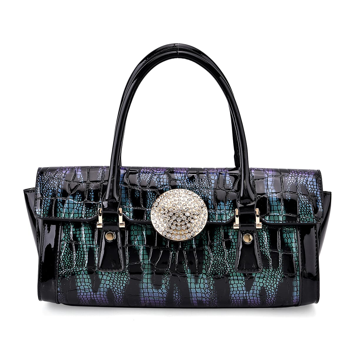Green Black Croco Embossed Faux Leather Handbag image number 0
