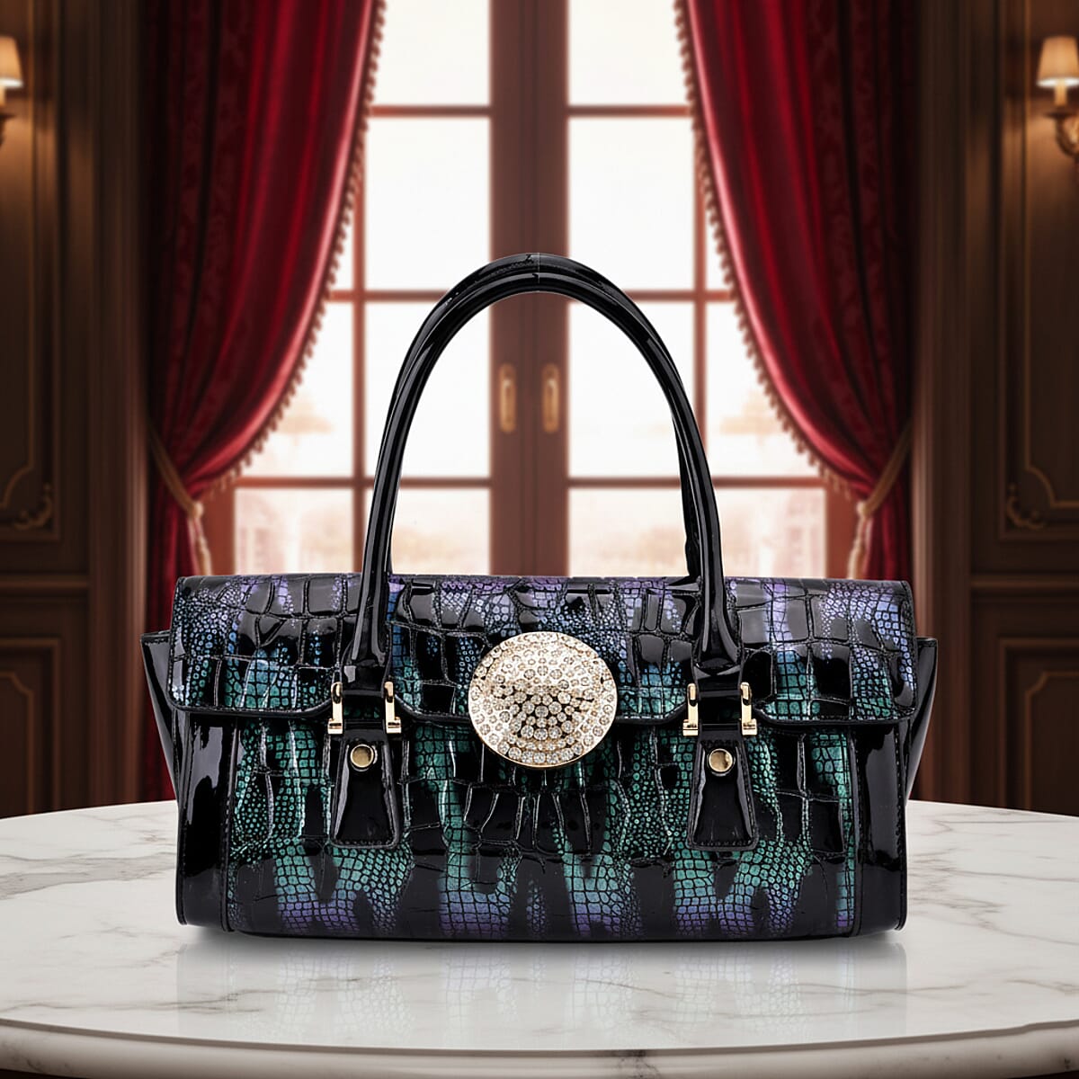 Green Black Croco Embossed Faux Leather Handbag image number 1