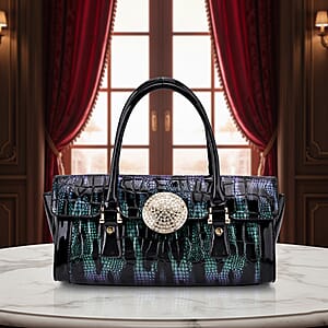 Green Black Croco Embossed Faux Leather Handbag