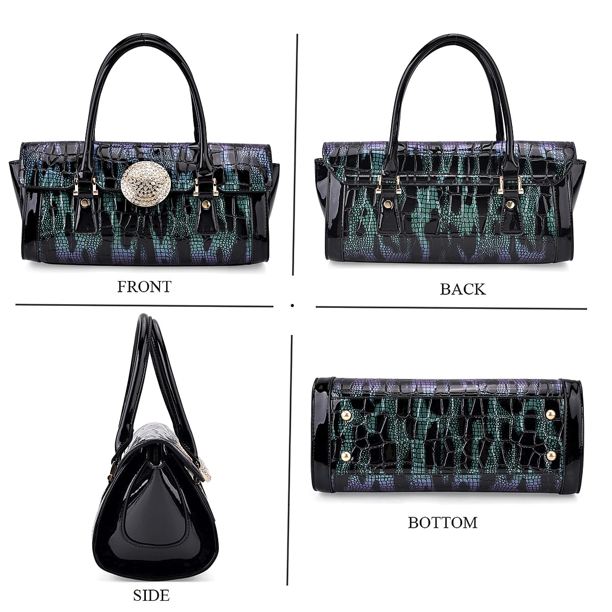 Green Black Croco Embossed Faux Leather Handbag image number 4