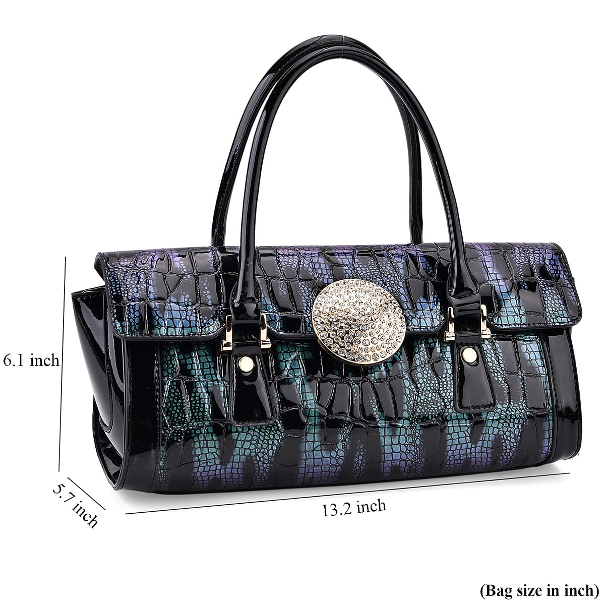 Green Black Croco Embossed Faux Leather Handbag image number 7