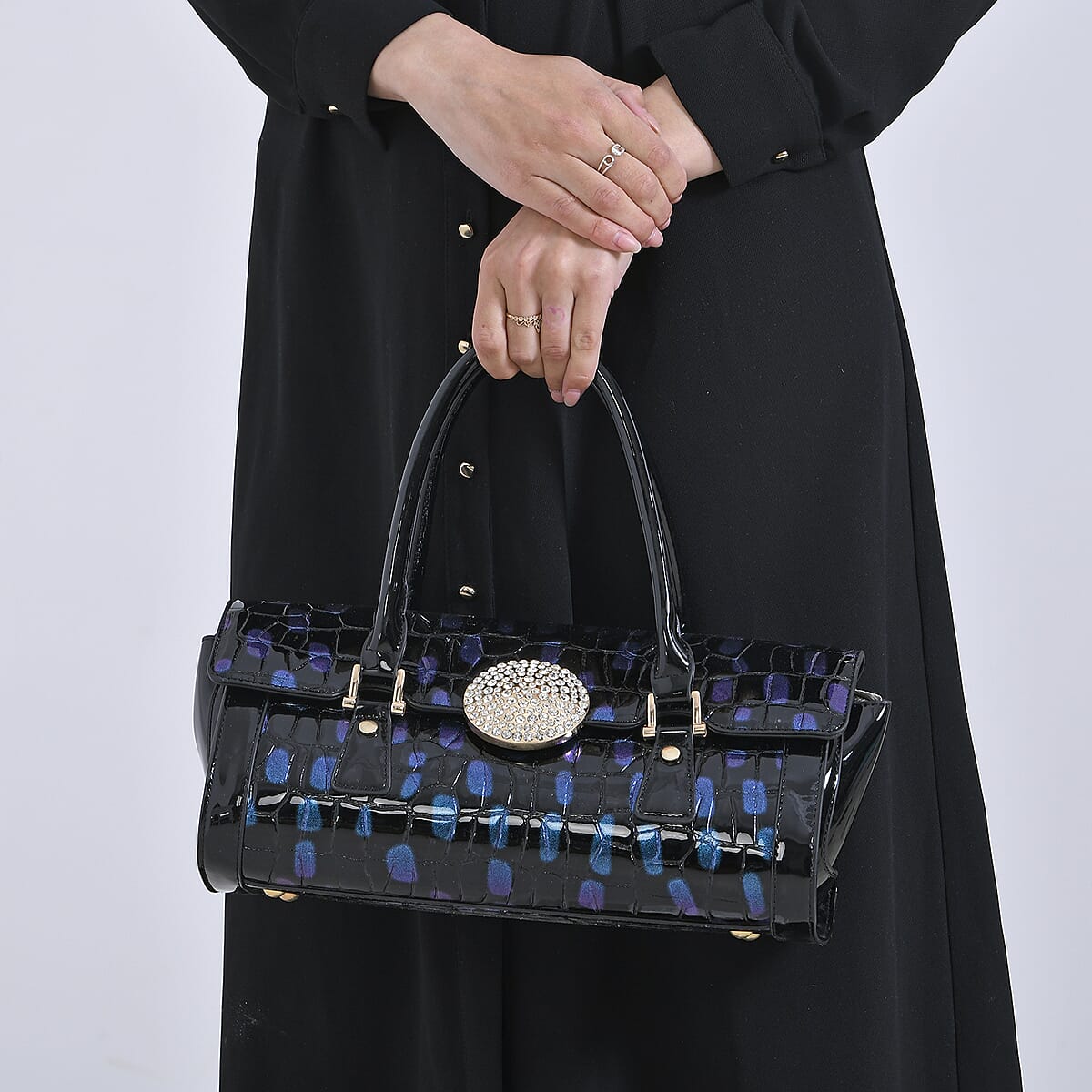 Blue Croco Embossed Faux Leather Handbag image number 3