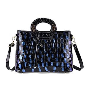 Blue Croco Embossed Faux Leather Crossbody Bag with Round Double Handle