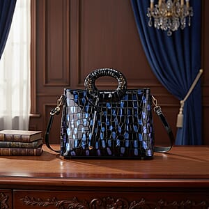 Blue Croco Embossed Faux Leather Crossbody Bag with Round Double Handle