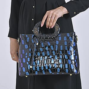 Blue Croco Embossed Faux Leather Crossbody Bag with Round Double Handle