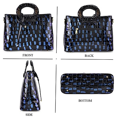 Blue Croco Embossed Faux Leather Crossbody Bag with Round Double Handle