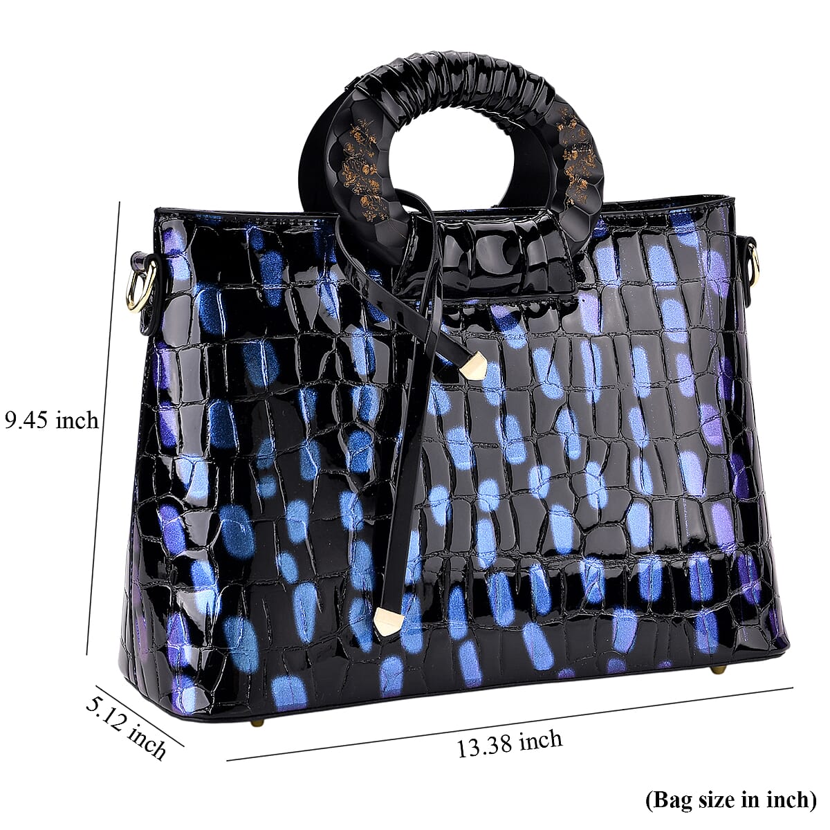 Blue Croco Embossed Faux Leather Crossbody Bag with Round Double Handle image number 7