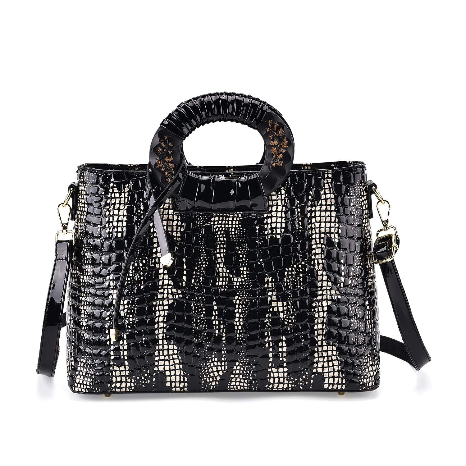 Gold Black Croco Embossed Faux Leather Crossbody Bag with Round Double Handle