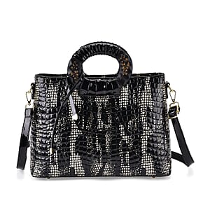 Gold Black Croco Embossed Faux Leather Crossbody Bag with Round Double Handle