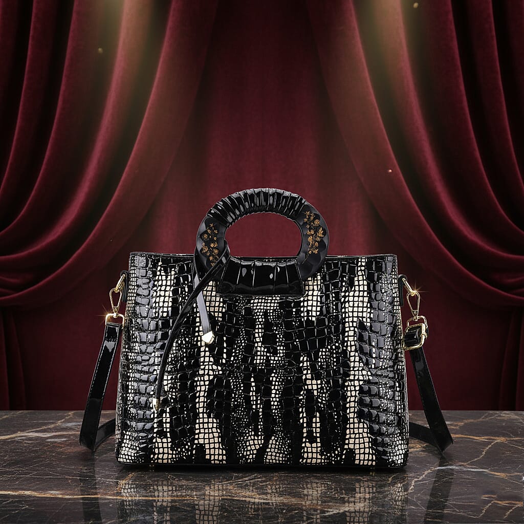Gold Black Croco Embossed Faux Leather Crossbody Bag with Round Double Handle