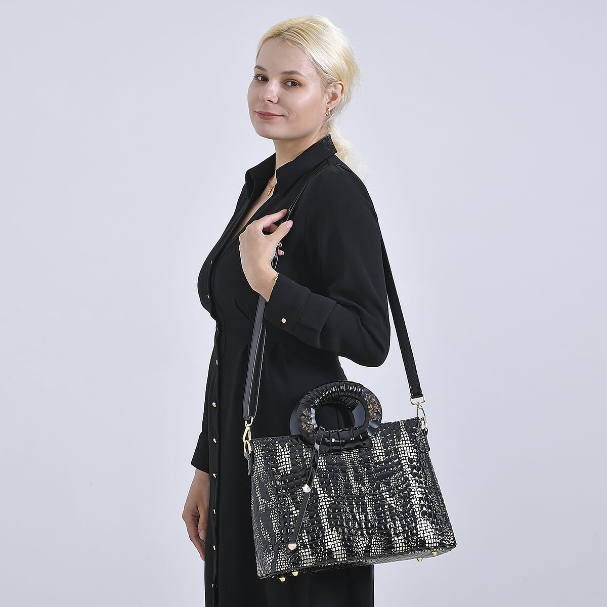 Gold Black Croco Embossed Faux Leather Crossbody Bag with Round Double Handle image number 2