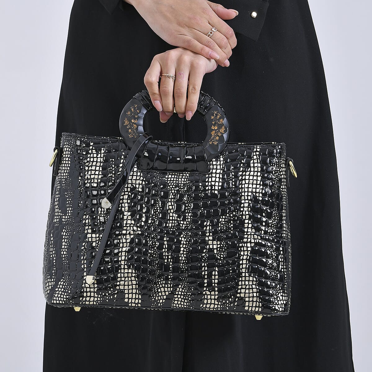 Gold Black Croco Embossed Faux Leather Crossbody Bag with Round Double Handle image number 3