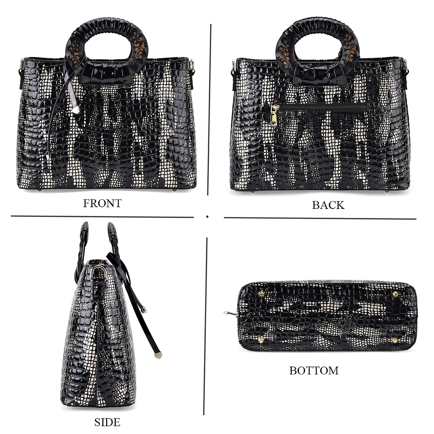 Gold Black Croco Embossed Faux Leather Crossbody Bag with Round Double Handle