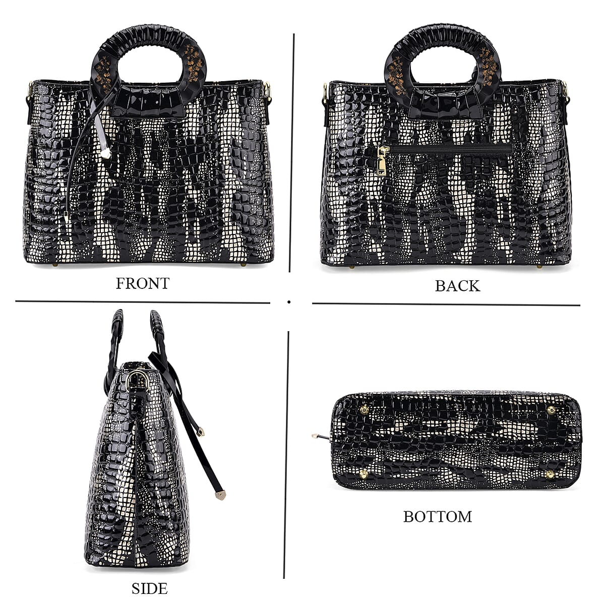 Gold Black Croco Embossed Faux Leather Crossbody Bag with Round Double Handle image number 4