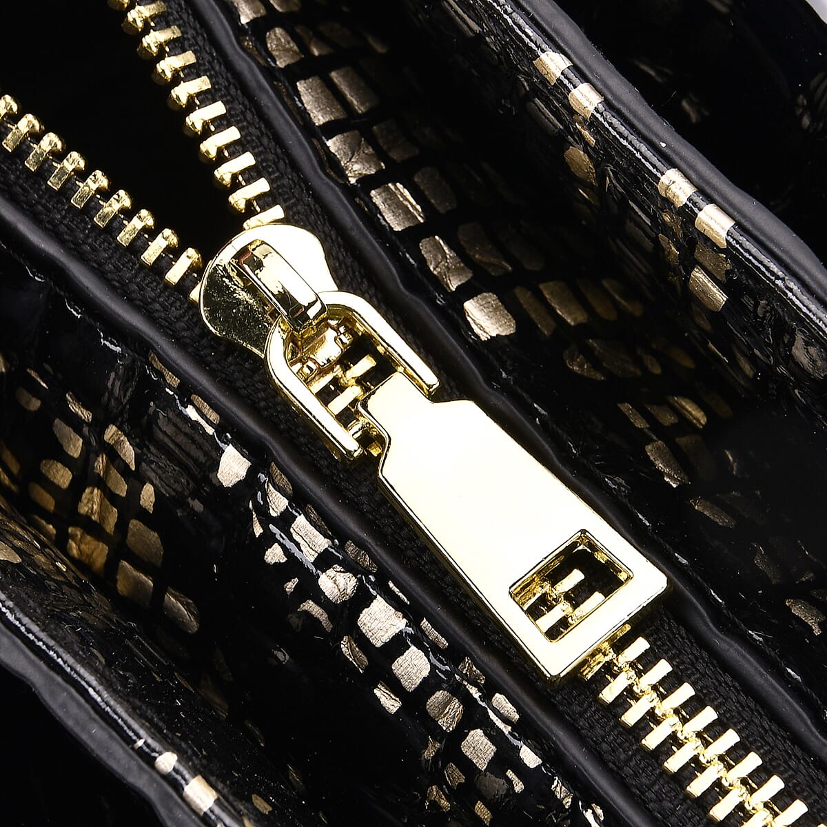 Gold Black Croco Embossed Faux Leather Crossbody Bag with Round Double Handle image number 6