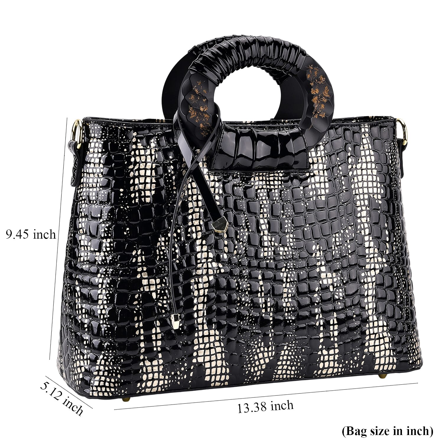 Gold Black Croco Embossed Faux Leather Crossbody Bag with Round Double Handle