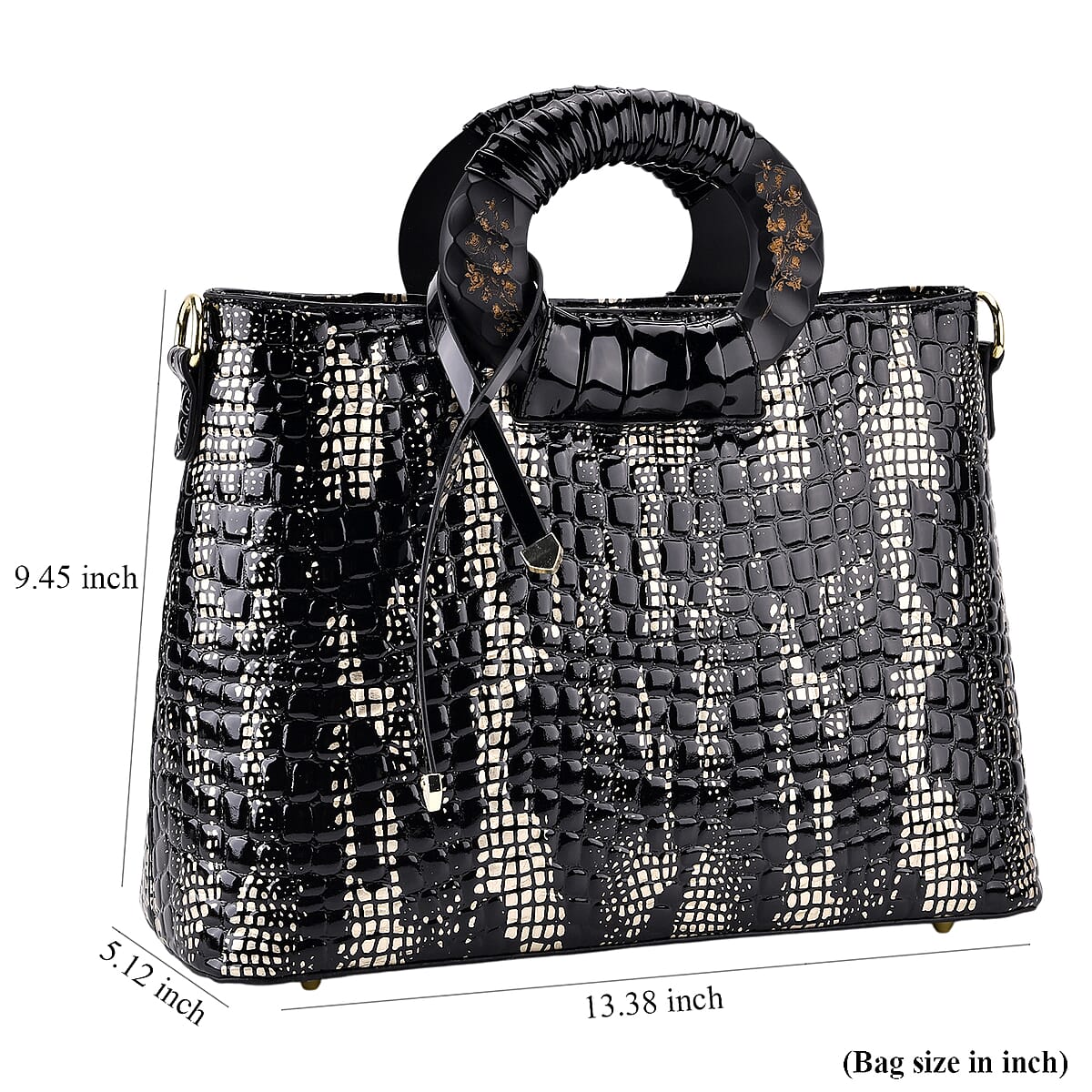 Gold Black Croco Embossed Faux Leather Crossbody Bag with Round Double Handle image number 7