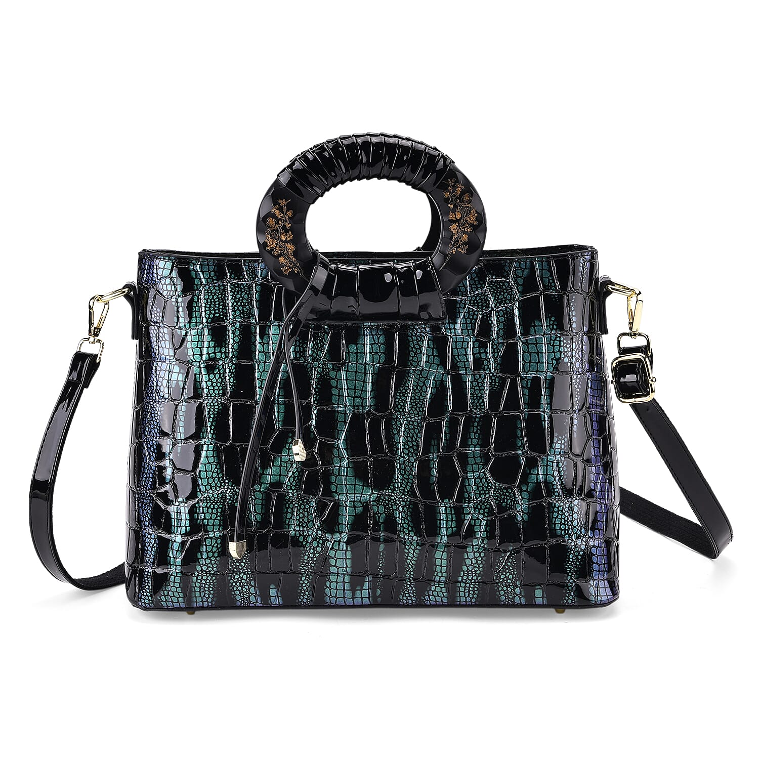 Green Black Croco Embossed Faux Leather Crossbody Bag with Round Double Handle