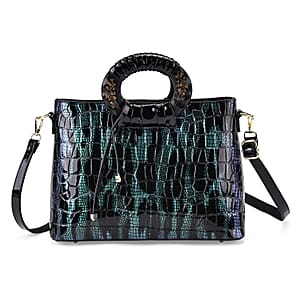 Green Black Croco Embossed Faux Leather Crossbody Bag with Round Double Handle