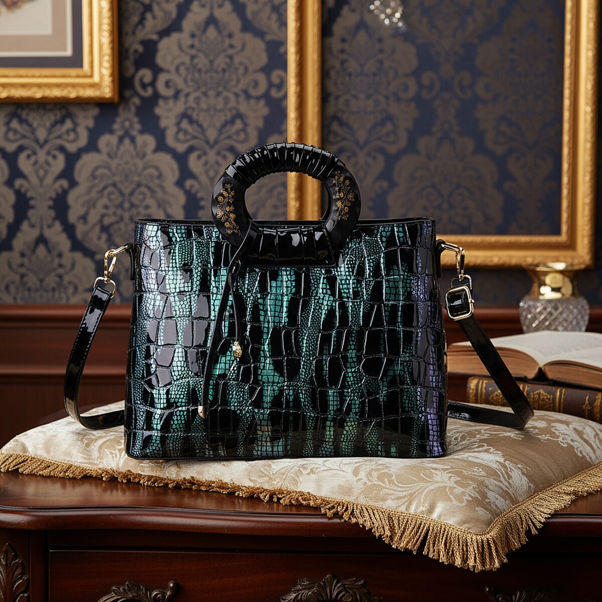 Green Black Croco Embossed Faux Leather Crossbody Bag with Round Double Handle image number 1